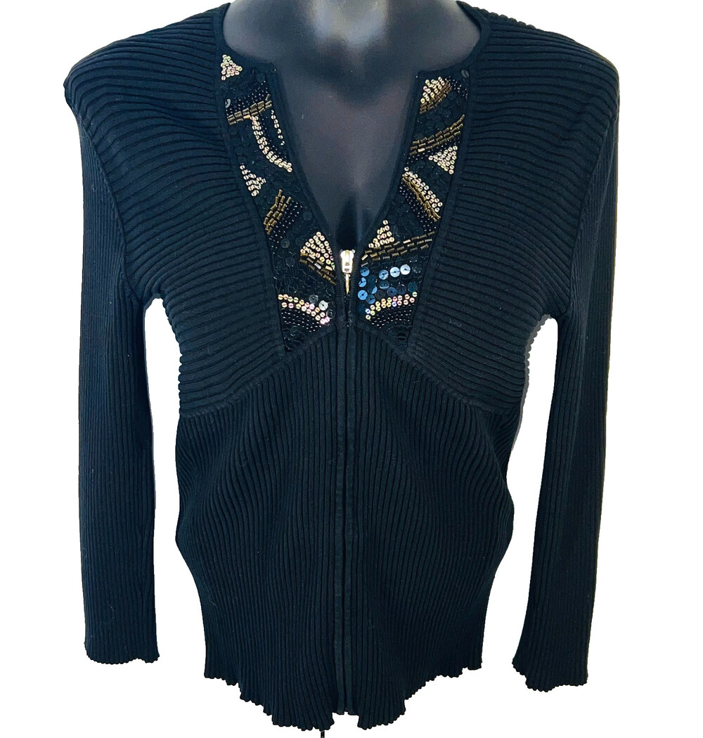 WD NY Sweater Womens XL Black Ribbed Beaded V Neck Zip Front Silk Rayon